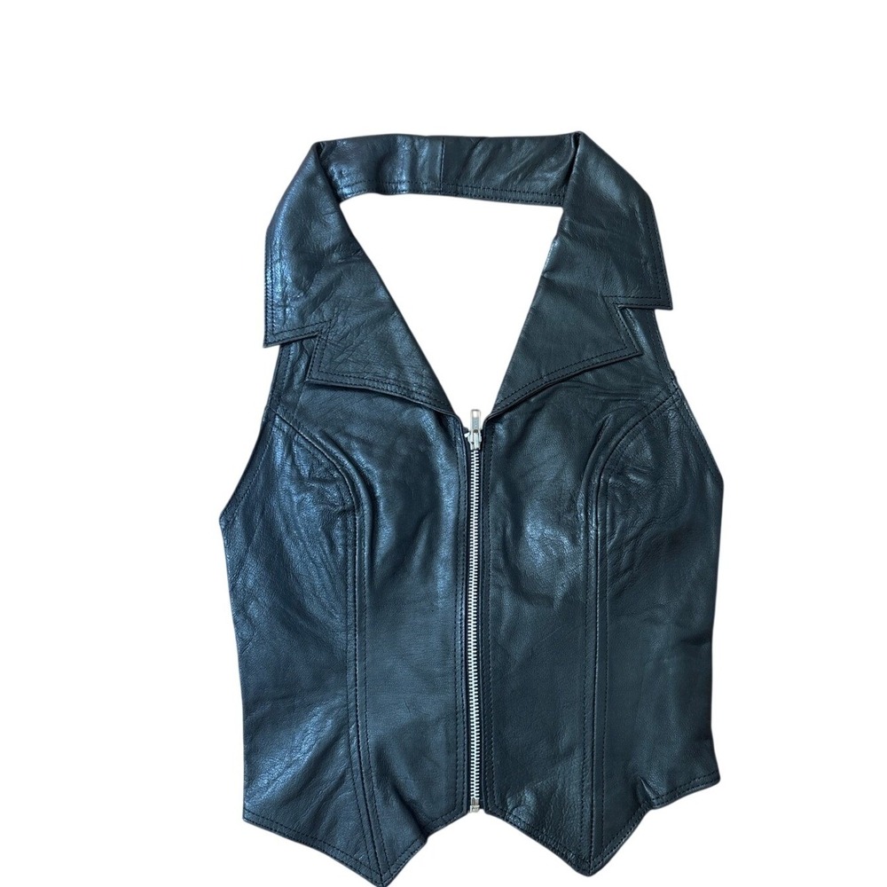 Unik Genuine Leather Halter Top Women Black Biker Boho Style SIZE Small NWT